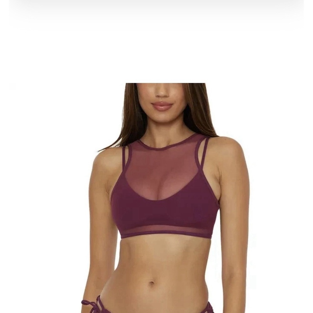 Becca Women's Muse Mesh-Inset Side-Tie Bikini Top , Aubergine, Lg MSRP $88